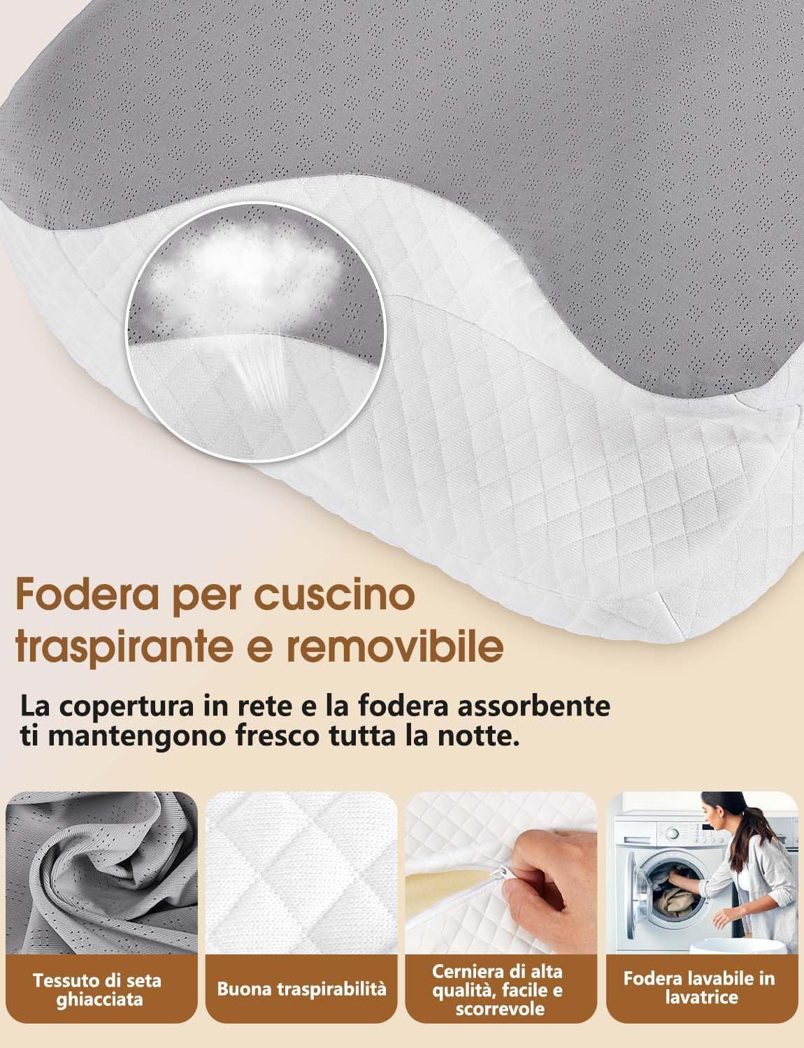 Cuscino Cervicale per Dormire 2 in 1 - Cuscino in Memory Foam per Dormitori Laterali, Supini E Supporto Ergonomico, Con Federa Sfoderabile E Lavabile, 61X41X12/13Cm