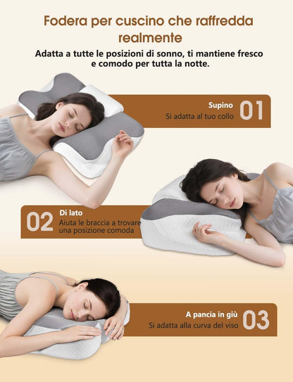 Cuscino Cervicale per Dormire 2 in 1 - Cuscino in Memory Foam per Dormitori Laterali, Supini E Supporto Ergonomico, Con Federa Sfoderabile E Lavabile, 61X41X12/13Cm