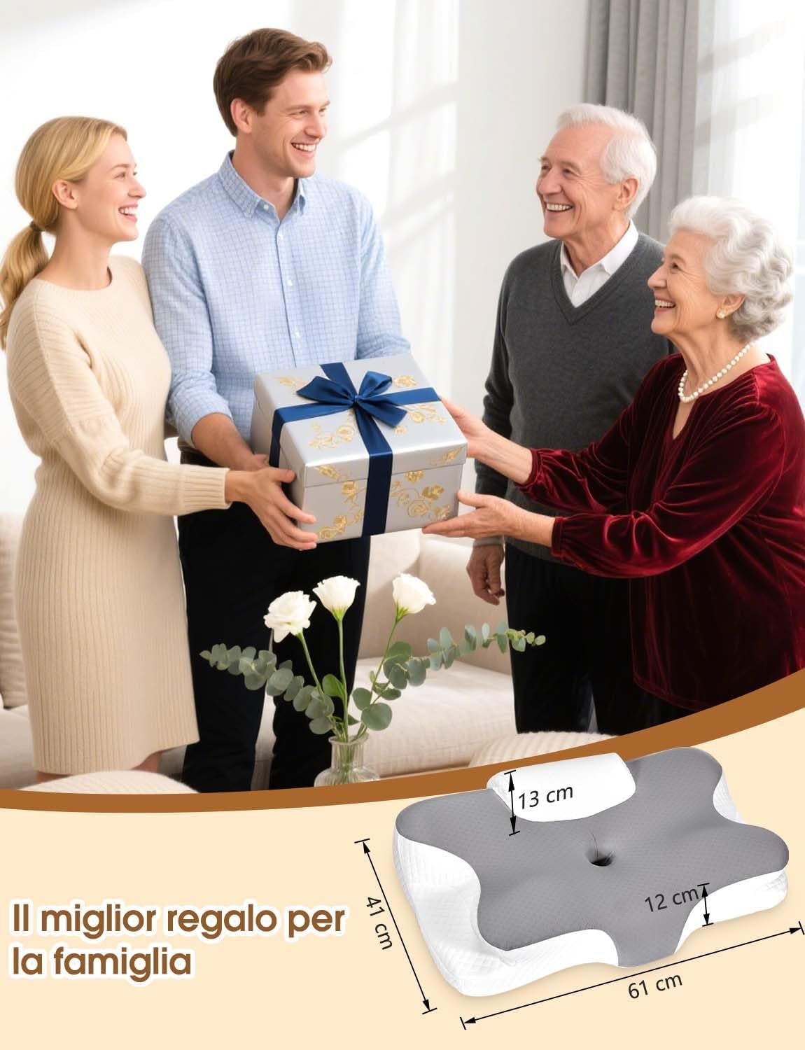 Cuscino Cervicale per Dormire 2 in 1 - Cuscino in Memory Foam per Dormitori Laterali, Supini E Supporto Ergonomico, Con Federa Sfoderabile E Lavabile, 61X41X12/13Cm